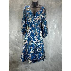 MAREE POUR TOI Women's Plus Size Blue Floral Burnout Silk3/4 Sleeve Wrap Dress